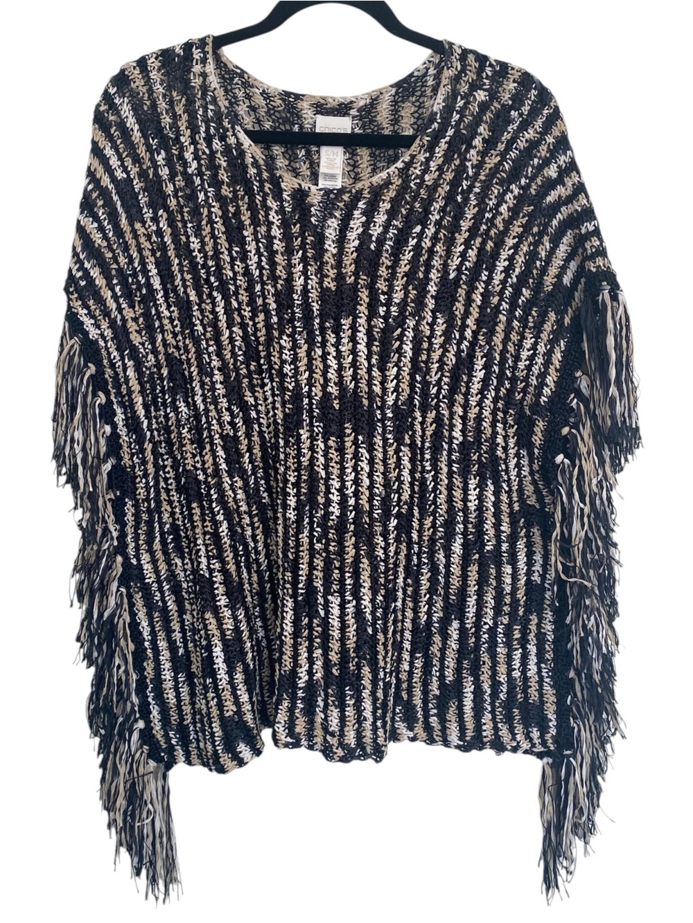Chico’s Fringe Knit Poncho Sweater Boho Serape Stripe S/M Black Tan